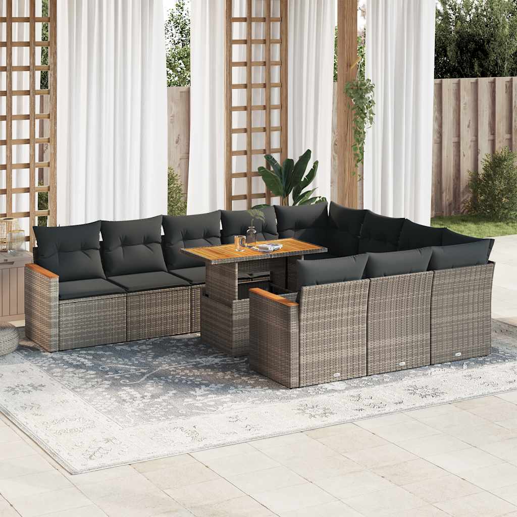 vidaXL 11 Piece Garden Sofa Set with Cushions Grey Poly Rattan Acacia