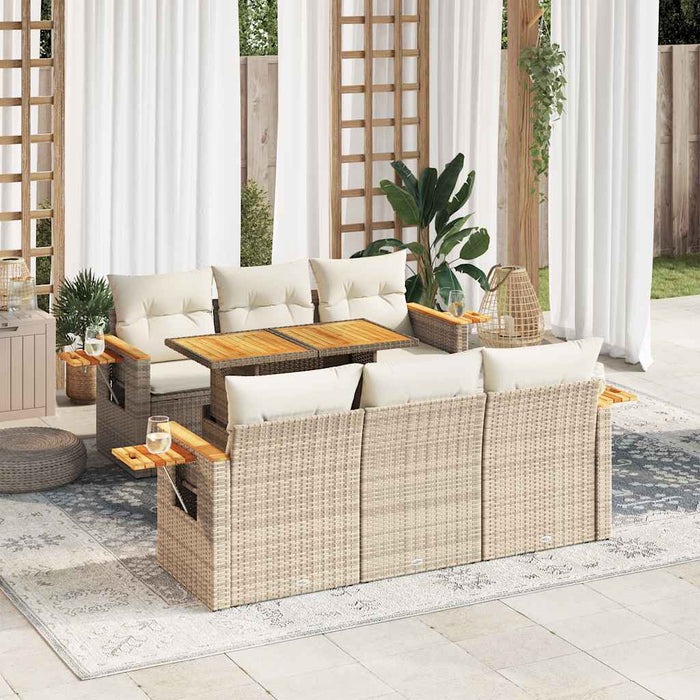 vidaXL 7 Piece Garden Sofa Set with Cushions Beige Poly Rattan Acacia