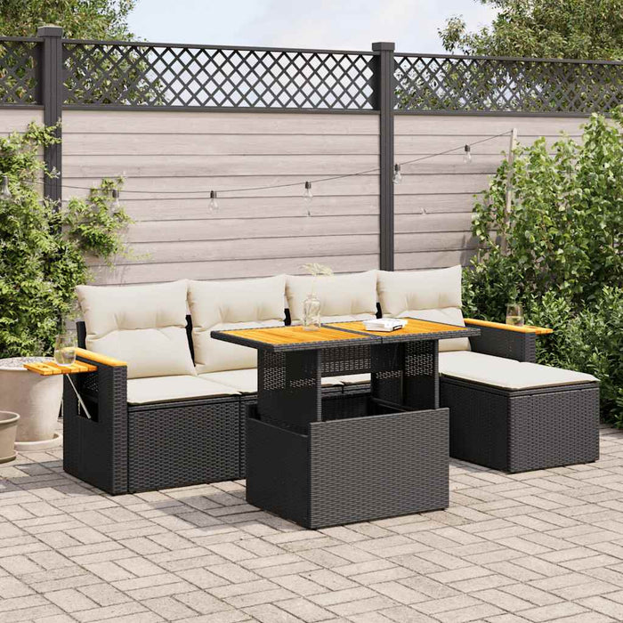 vidaXL 7 Piece Garden Sofa Set with Cushions Black Poly Rattan Acacia