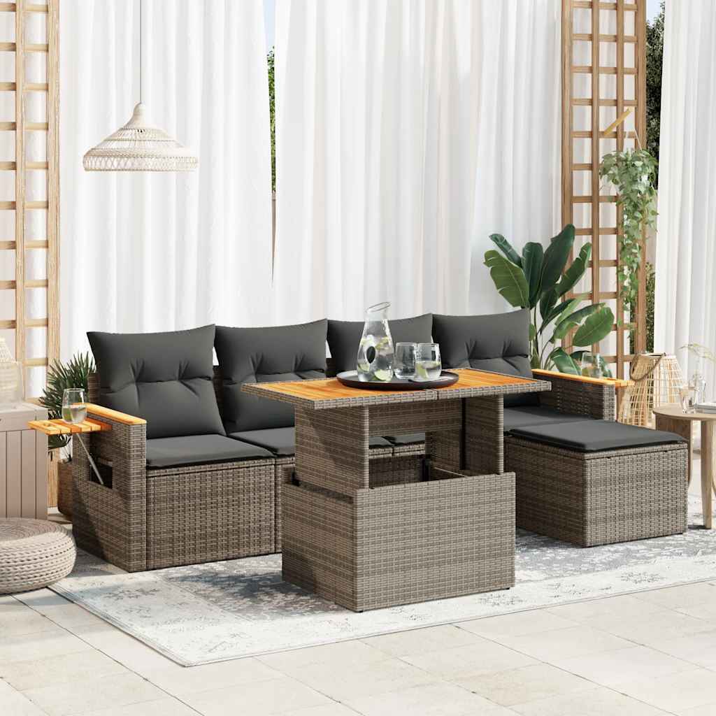 vidaXL 7 Piece Garden Sofa Set with Cushions Grey Poly Rattan Acacia