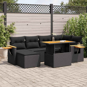 vidaXL 7 Piece Garden Sofa Set with Cushions Black Poly Rattan Acacia