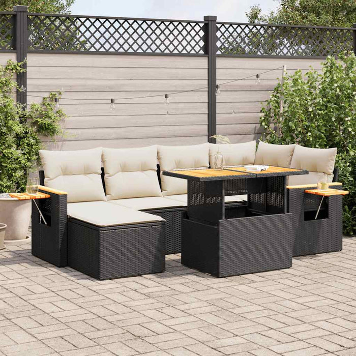 vidaXL 7 Piece Garden Sofa Set with Cushions Black Poly Rattan Acacia