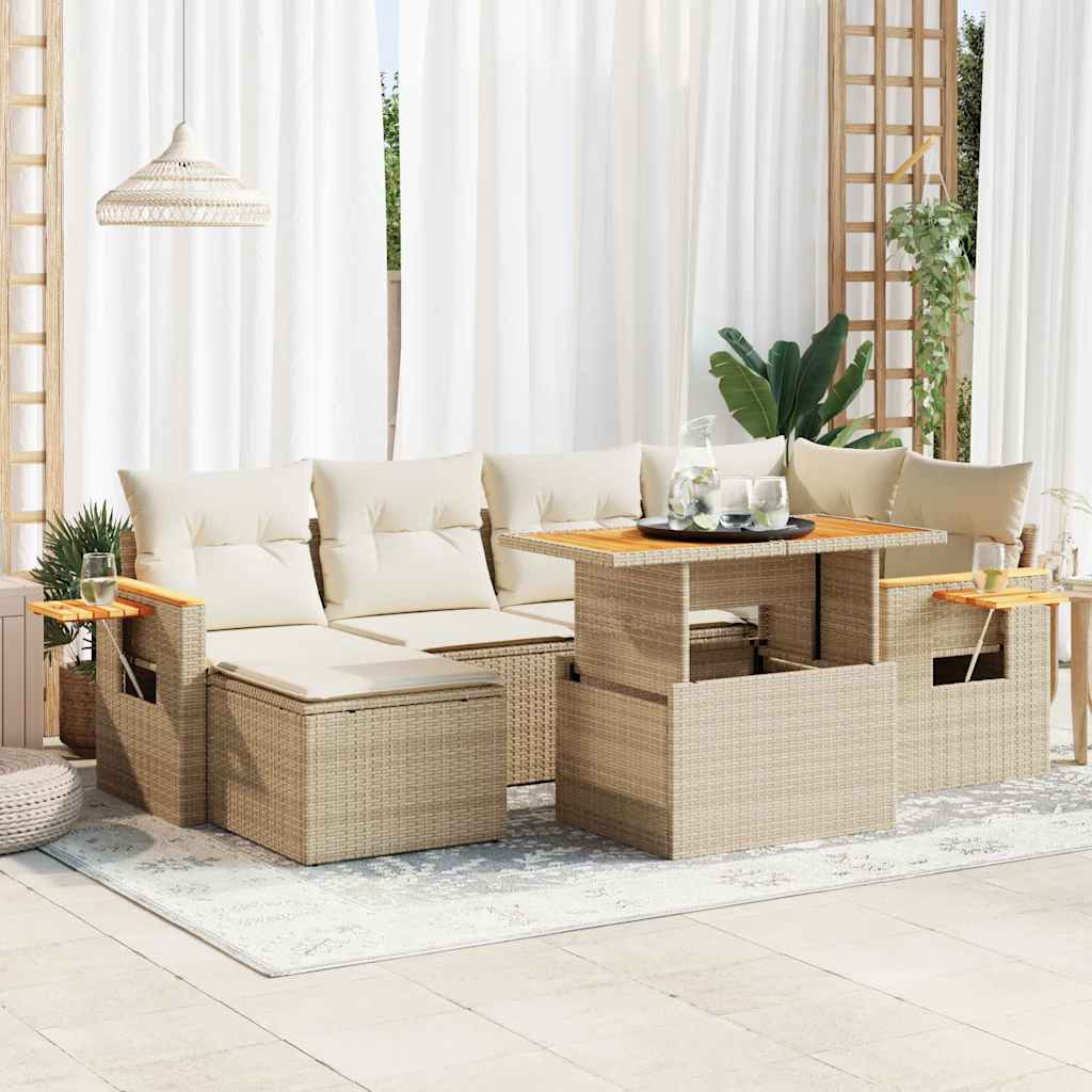 vidaXL 7 Piece Garden Sofa Set with Cushions Beige Poly Rattan Acacia