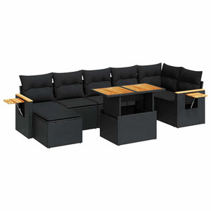 vidaXL 8 Piece Garden Sofa Set with Cushions Black Poly Rattan Acacia