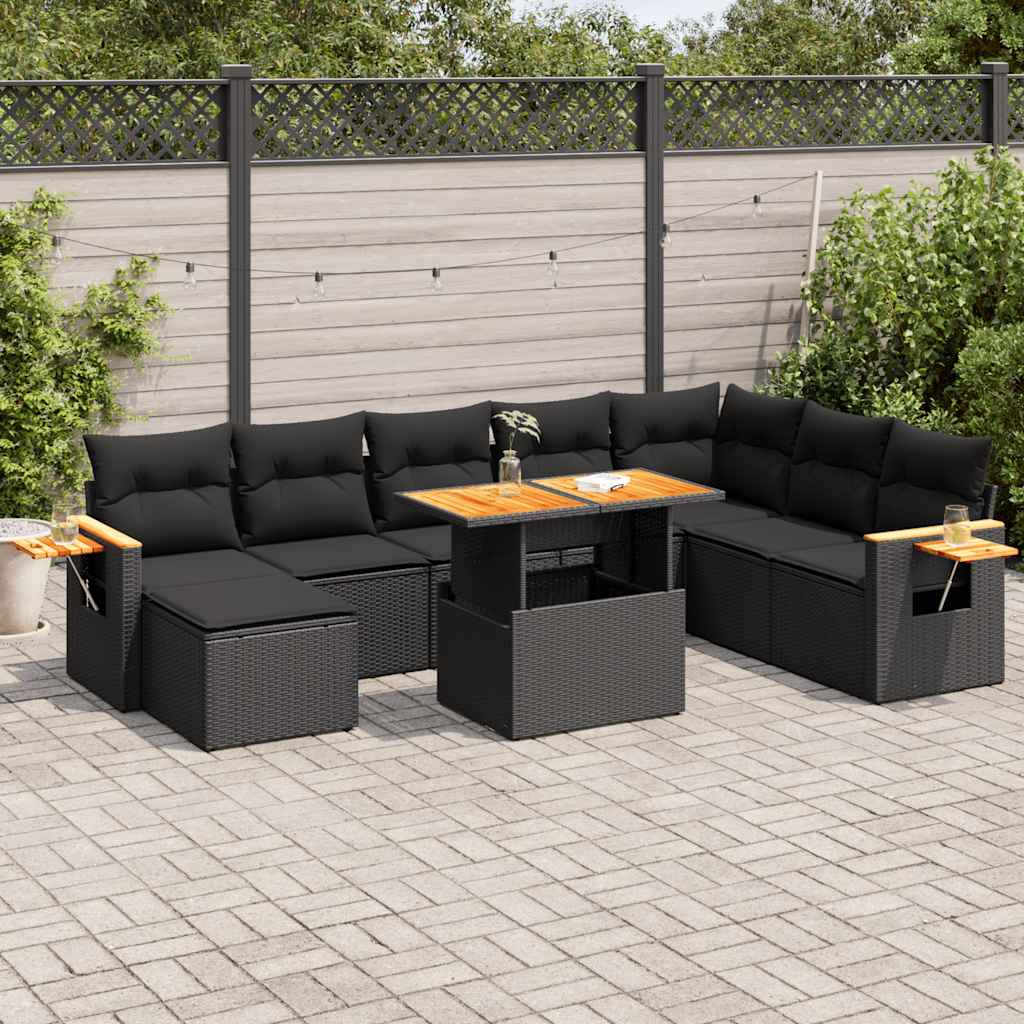 vidaXL 7 Piece Garden Sofa Set with Cushions Black Poly Rattan Acacia