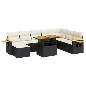 vidaXL 7 Piece Garden Sofa Set with Cushions Black Poly Rattan Acacia