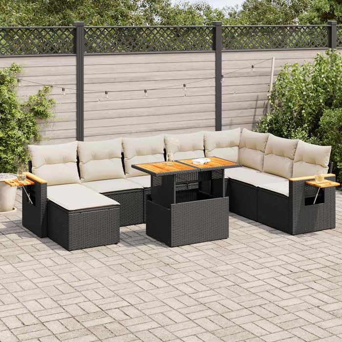 vidaXL 7 Piece Garden Sofa Set with Cushions Black Poly Rattan Acacia