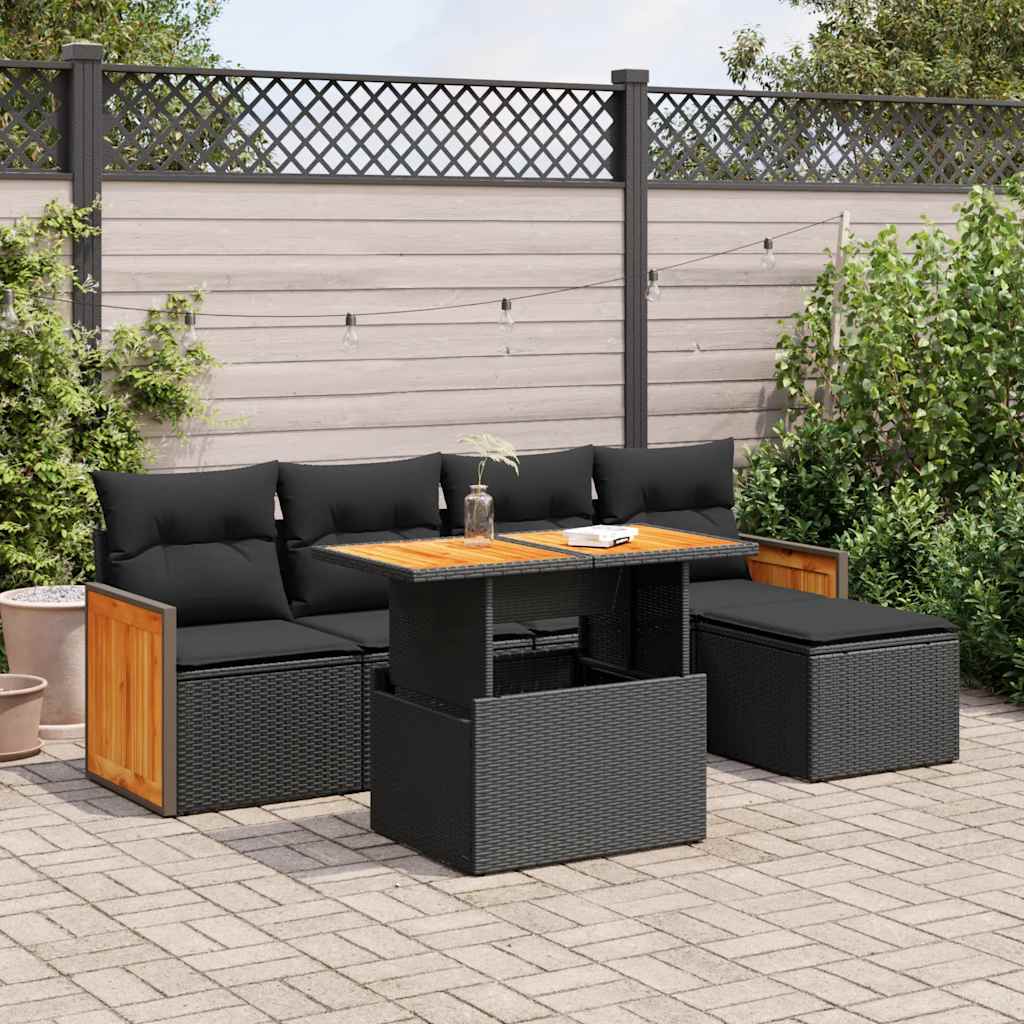 vidaXL 6 Piece Garden Sofa Set with Cushions Black Poly Rattan Acacia