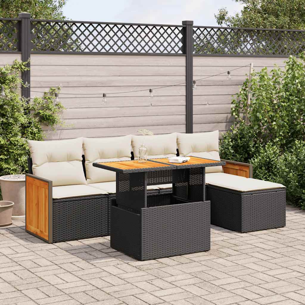 vidaXL 6 Piece Garden Sofa Set with Cushions Black Poly Rattan Acacia