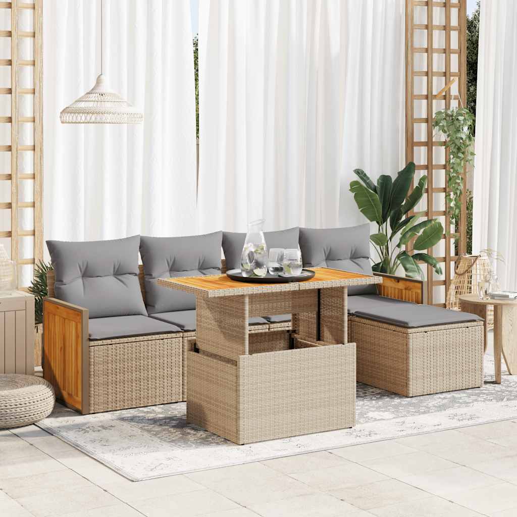 vidaXL 6 Piece Garden Sofa Set with Cushions Beige Poly Rattan Acacia