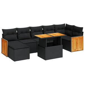 vidaXL 7 Piece Garden Sofa Set with Cushions Black Poly Rattan Acacia