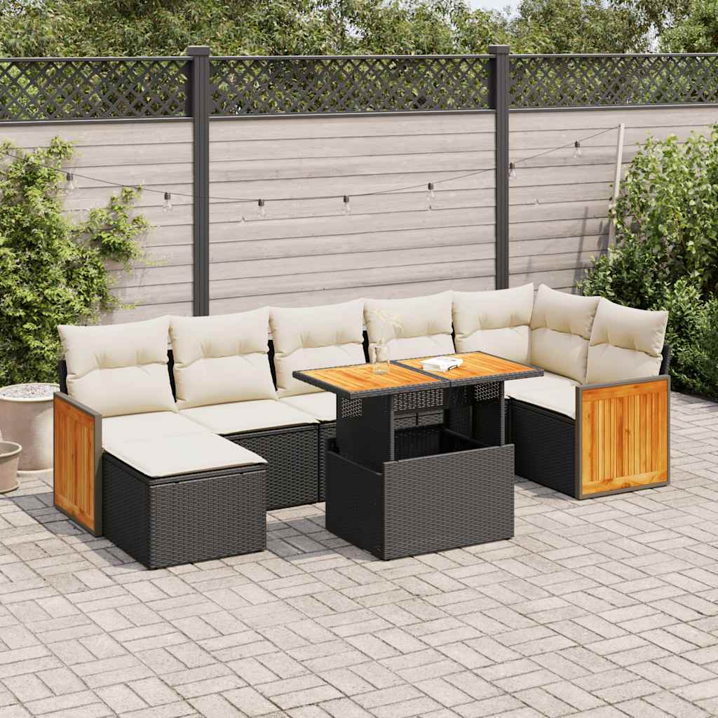 vidaXL 7 Piece Garden Sofa Set with Cushions Black Poly Rattan Acacia