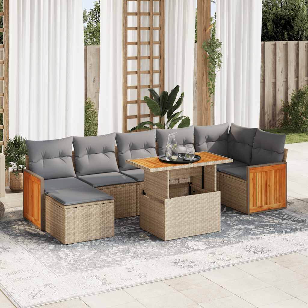 vidaXL 7 Piece Garden Sofa Set with Cushions Beige Poly Rattan Acacia