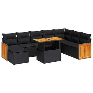 vidaXL 7 Piece Garden Sofa Set with Cushions Black Poly Rattan Acacia