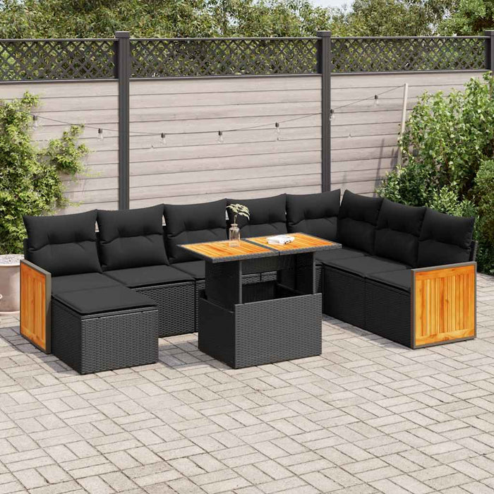 vidaXL 7 Piece Garden Sofa Set with Cushions Black Poly Rattan Acacia