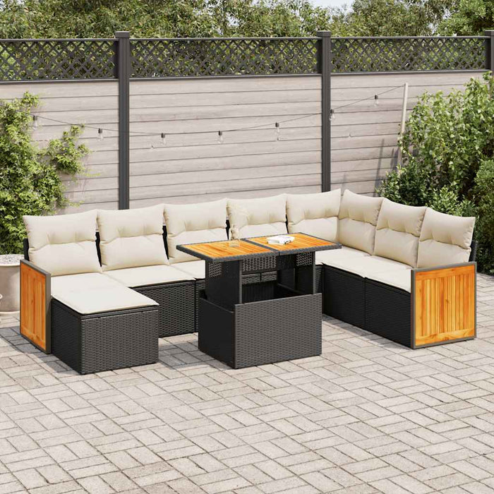 vidaXL 7 Piece Garden Sofa Set with Cushions Black Poly Rattan Acacia