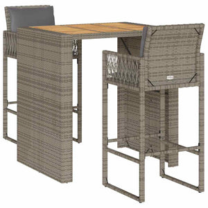 vidaXL 3 Piece Garden Bar Set with Cushions Grey Poly Rattan Acacia