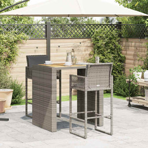 vidaXL 3 Piece Garden Bar Set with Cushions Grey Poly Rattan Acacia