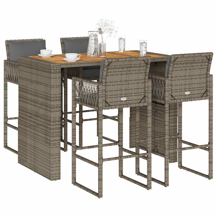 vidaXL 5 Piece Garden Bar Set with Cushions Grey Poly Rattan Acacia