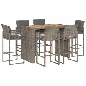 vidaXL 7 Piece Garden Bar Set with Cushions Grey Poly Rattan Acacia