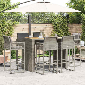 vidaXL 7 Piece Garden Bar Set with Cushions Grey Poly Rattan Acacia