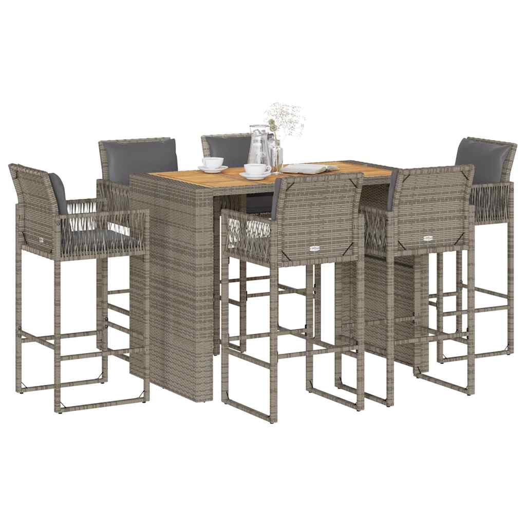 vidaXL 7 Piece Garden Bar Set with Cushions Grey Poly Rattan Acacia