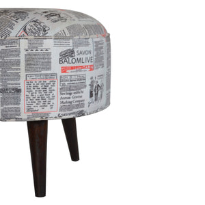 IN1018 - Round Footstool with News Print Velvet