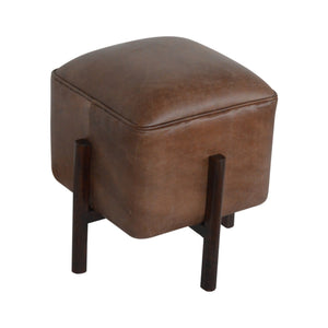 Brown Leather Footstool with Solid Wood Legs