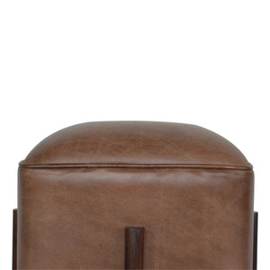 Brown Leather Footstool with Solid Wood Legs