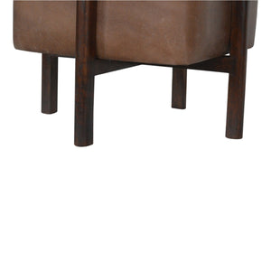 Brown Leather Footstool with Solid Wood Legs