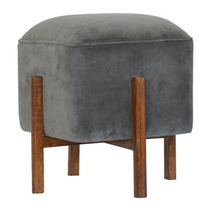 Grey Velvet Footstool with Solid Wood Legs