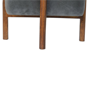 Grey Velvet Footstool with Solid Wood Legs