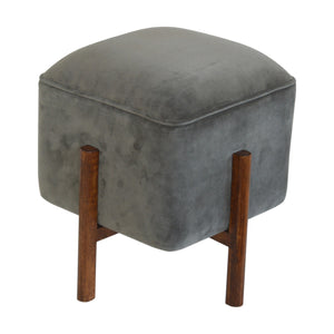 Grey Velvet Footstool with Solid Wood Legs