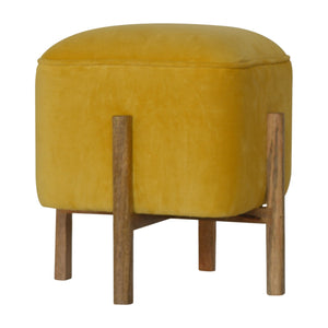 Mustard Velvet Footstool with Solid Wood Legs