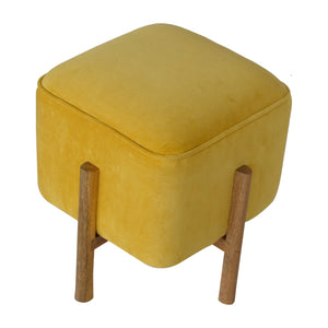 Mustard Velvet Footstool with Solid Wood Legs