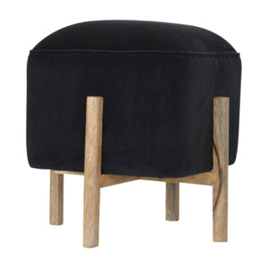 Black Velvet Footstool with Solid Wood Legs