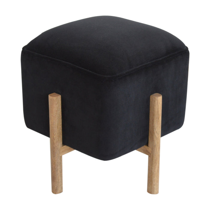 Black Velvet Footstool with Solid Wood Legs