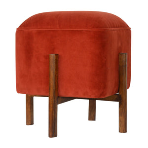 Brick Red Velvet Footstool with Solid Wood Legs