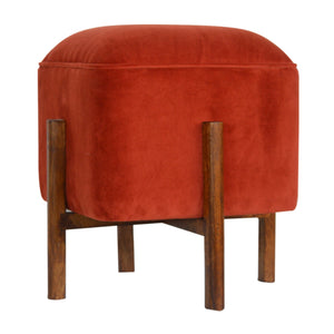 Brick Red Velvet Footstool with Solid Wood Legs