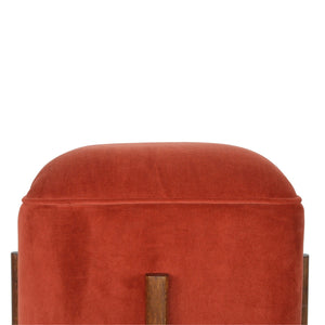 Brick Red Velvet Footstool with Solid Wood Legs