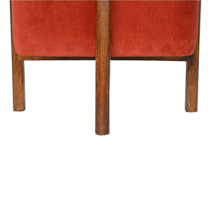 Brick Red Velvet Footstool with Solid Wood Legs