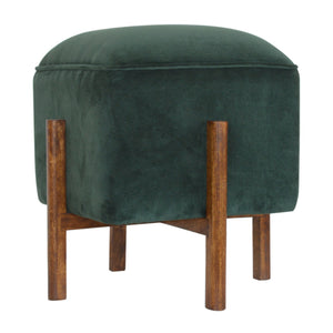 Emerald Velvet Footstool with Solid Wood Legs