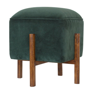 Emerald Velvet Footstool with Solid Wood Legs