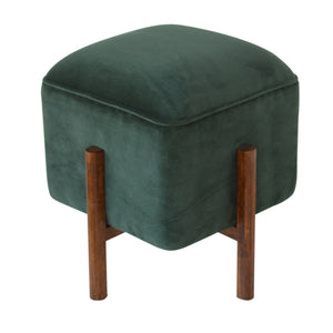 Emerald Velvet Footstool with Solid Wood Legs