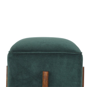 Emerald Velvet Footstool with Solid Wood Legs