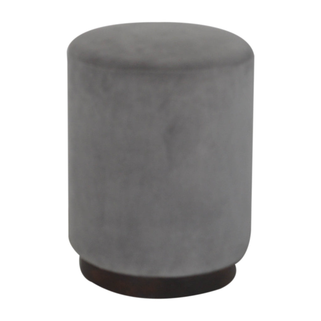 Grey Velvet Footstool with Wooden Base