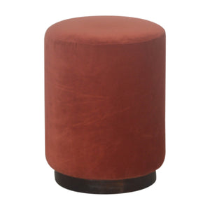 Brick Red Velvet Footstool with Wooden Base