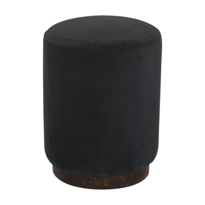 Black Velvet Footstool with Wooden Base