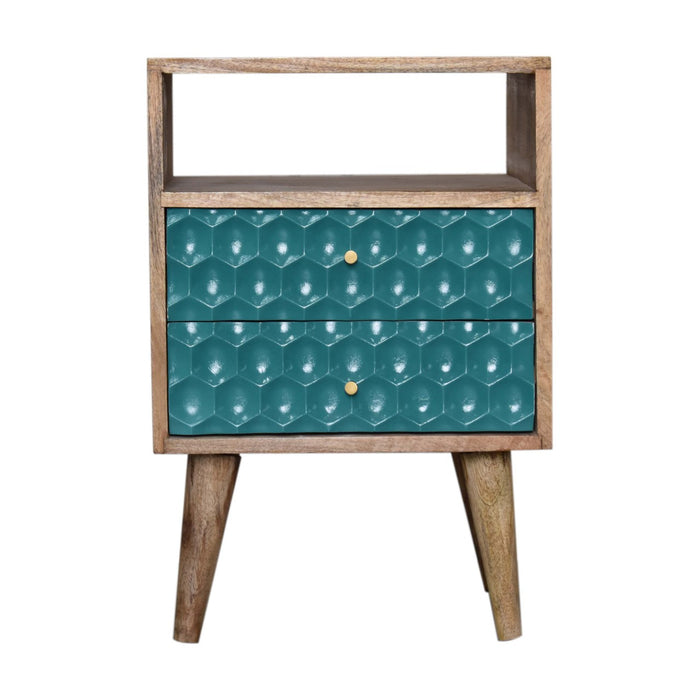 Honeycomb Carved Teal Bedside with Open Slot