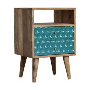 Honeycomb Carved Teal Bedside with Open Slot